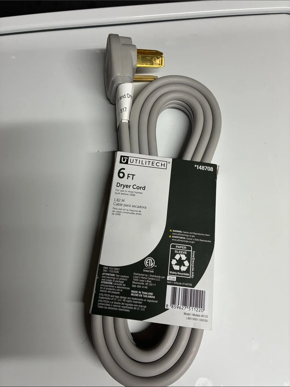 6 ft Dryer Cord - 3 prong